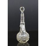 Whiter metal collard cut glass long necked scent bottle