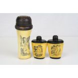 Three wood & bone Oriental bottles, 2 x with Erotic scenes and 1 x Geisha Girl