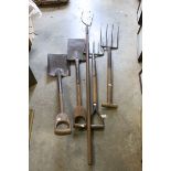 Five Vintage Wooden Handled Tools including Two Spades, Two Forks and a Hay Fork