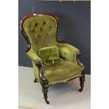 Victorian Mahogany Framed Spoon Back Salon Armchair with green buttoned upholstered, carved scroll