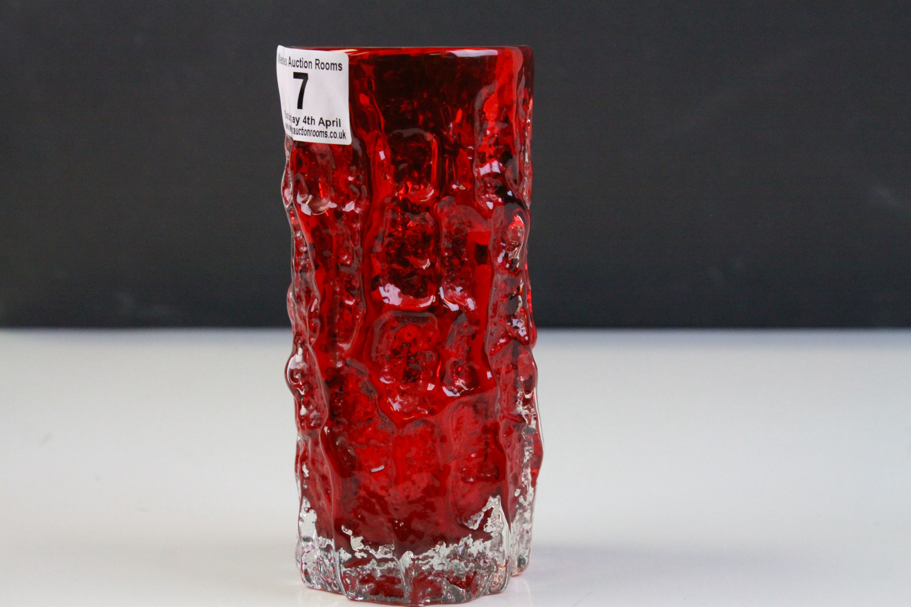 Whitefriars Ruby Red Textured Bark Cylindrical Whitefriars Vase, 15cms high - Image 2 of 4