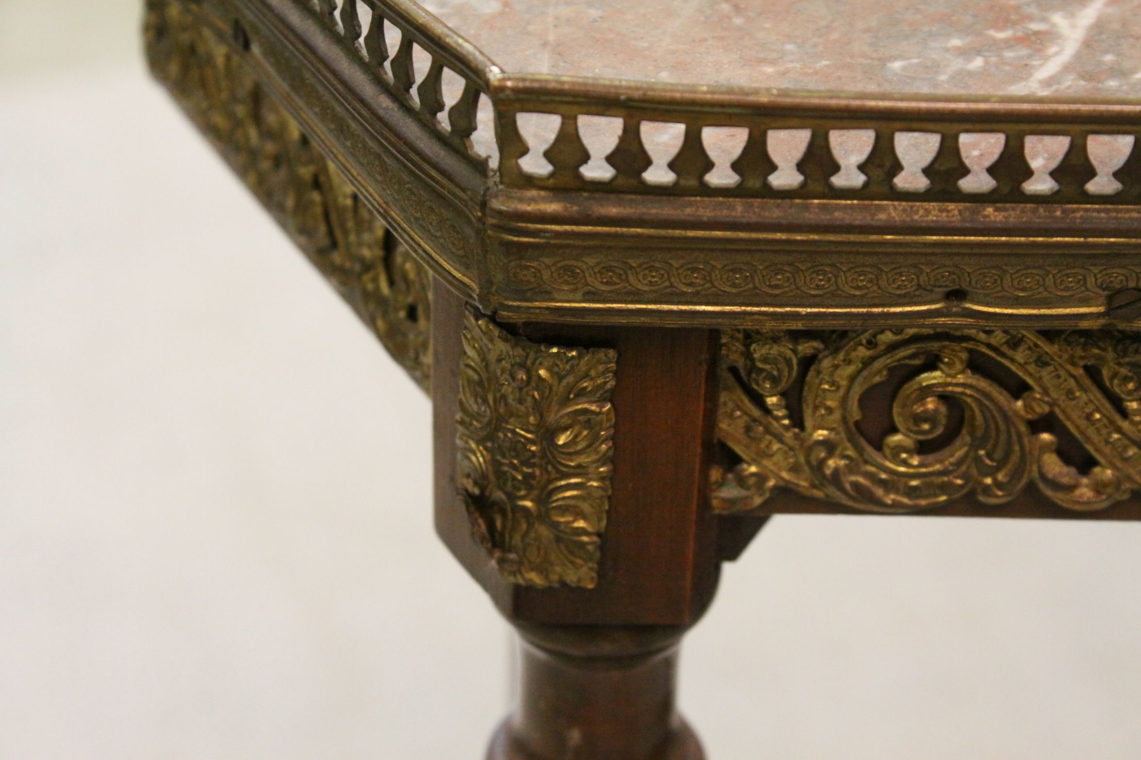 French Jardiniere Stand, hexagonal, the marble top with pierced gilt gallery rail, raised on three - Image 7 of 7