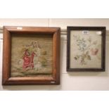 19th century silkwork floral panel, 22 x 25cm and a 19th century woolwork panel (2)