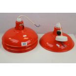 Five Retro Red Enamelled Metal Office / Industrial Light Shades, 28cms diameter