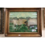 Oil painting of sheep in landscape title to verso "The Black Sheep" 7/8/48
