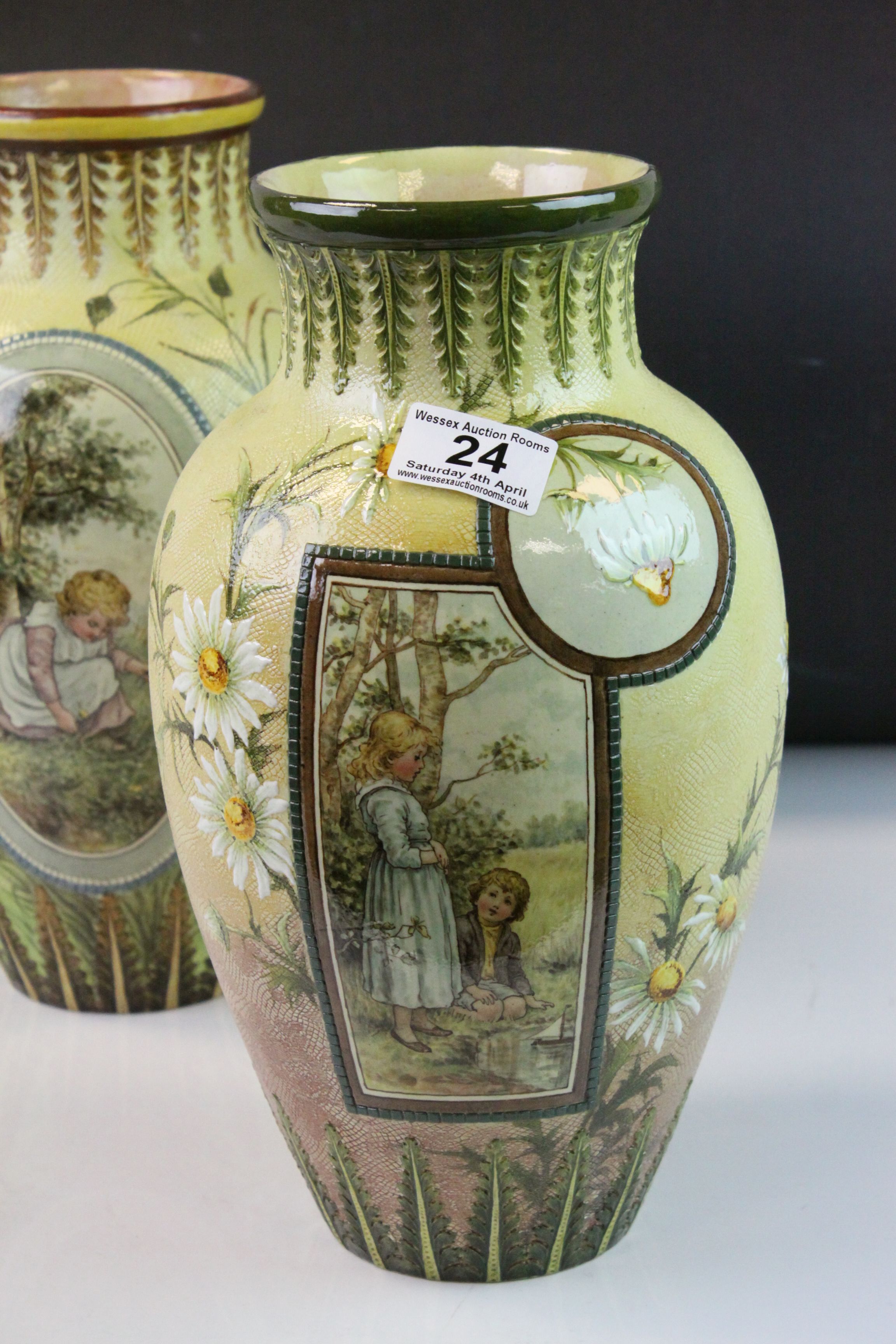 Two similar Doulton Lambeth Faience Ware Vases, each with hand decorated with a panel depicting - Image 2 of 9