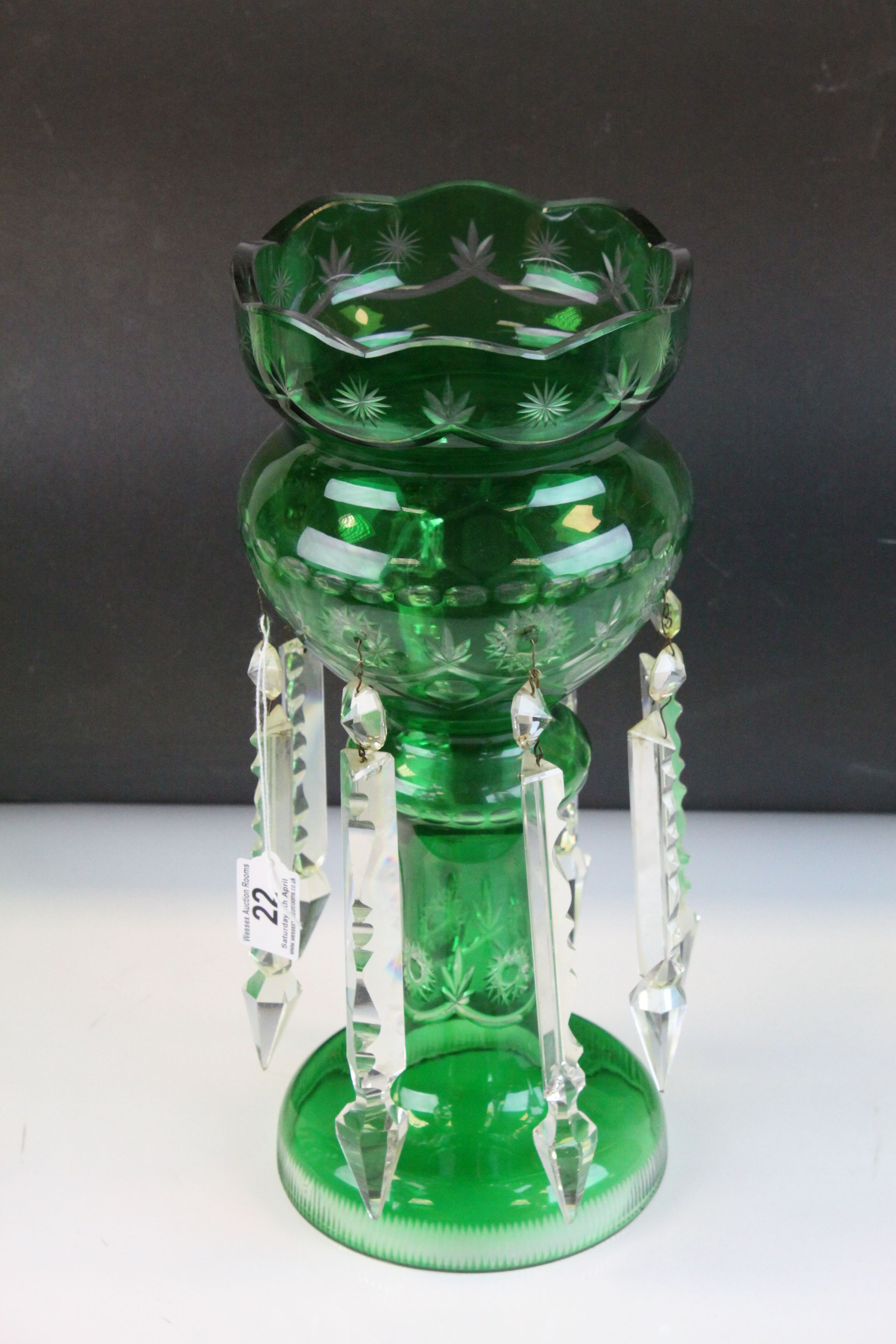 Pair of Victorian Cut Green Glass Table Lustres each with Eight Clear Glass Lustre Drops, 37cms - Image 2 of 12