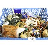 A box of mixed costume jewellery to include brooches and necklaces together with a selection of
