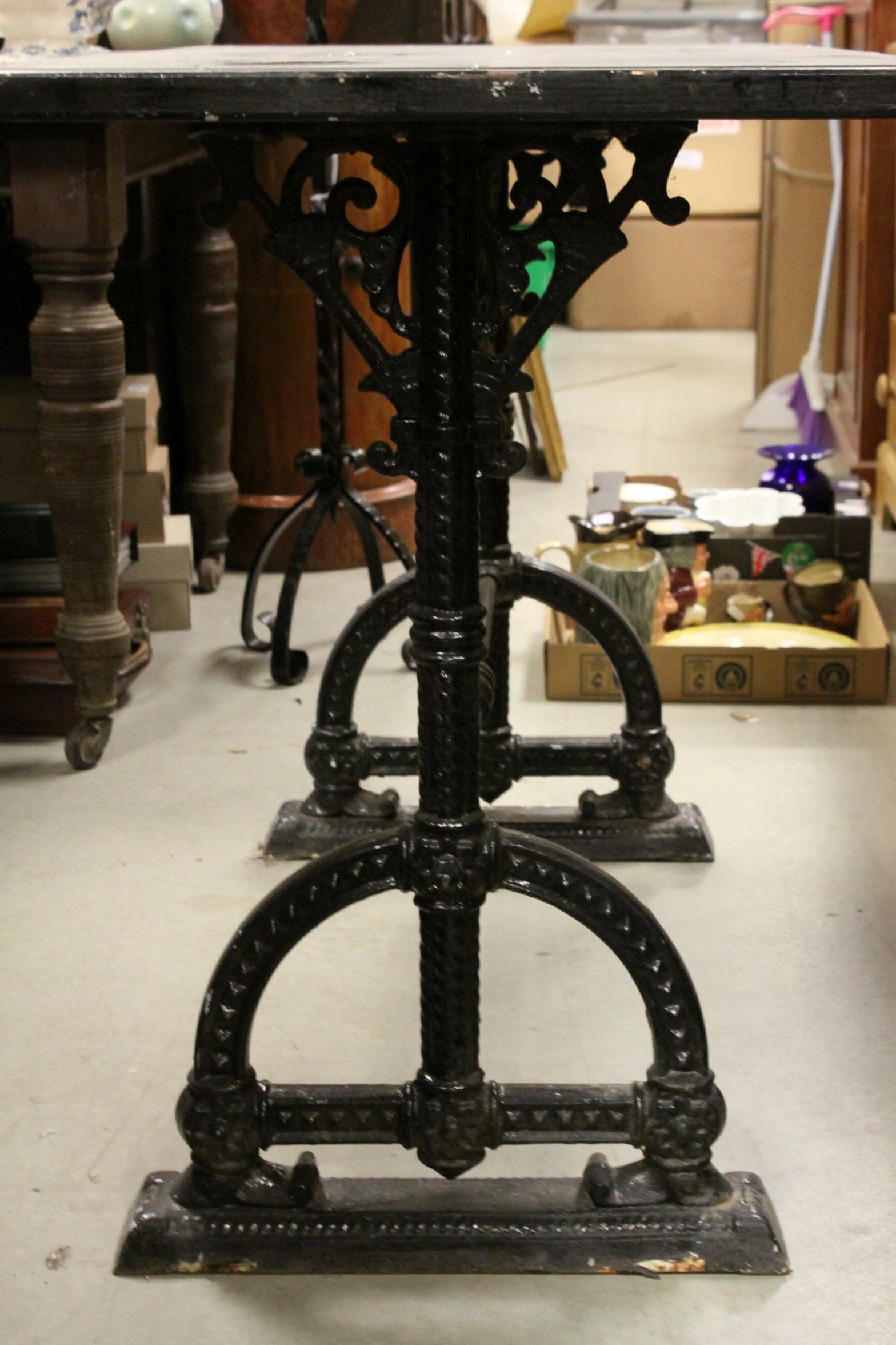 Coalbrookdale Style Garden / Pub Table with Black Glass Inset Top, 117cms x 58cms x 78cms high - Image 9 of 10