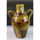 Large Welsh Glamorgan Ware Slipware Vase with Twin Loop Handles dated 1908, 37cms high