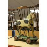 Mid 20th century Wooden Painted Push Along Child's Horse, possibly by Leeway, 71cms high x 58cms