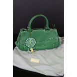 Radley Stitched Green Leather Handbag with Flower and Scottie Dog Tag, 35cms wide, with Pale Green