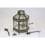 A late Victorian pierced brass and etched glass hexagonal hanging hall lantern (af). Height 32cm