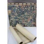 Three Rolled Japanese / Chinese Pictures including a sectional watercolour painted on rice paper and