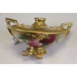 Royal Worcester Urn Shaped Vase painted with roses on an ivory background signed by E M Fildes, puce