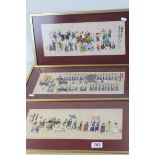 Set of Three Oriental Paintings on Parchment depicting processions with character script, each 38cms