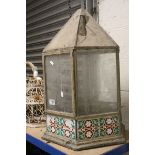 Large Hexagonal Metal Framed Terrarium set with Tiles to Base (some glass panels broken), 66cms high