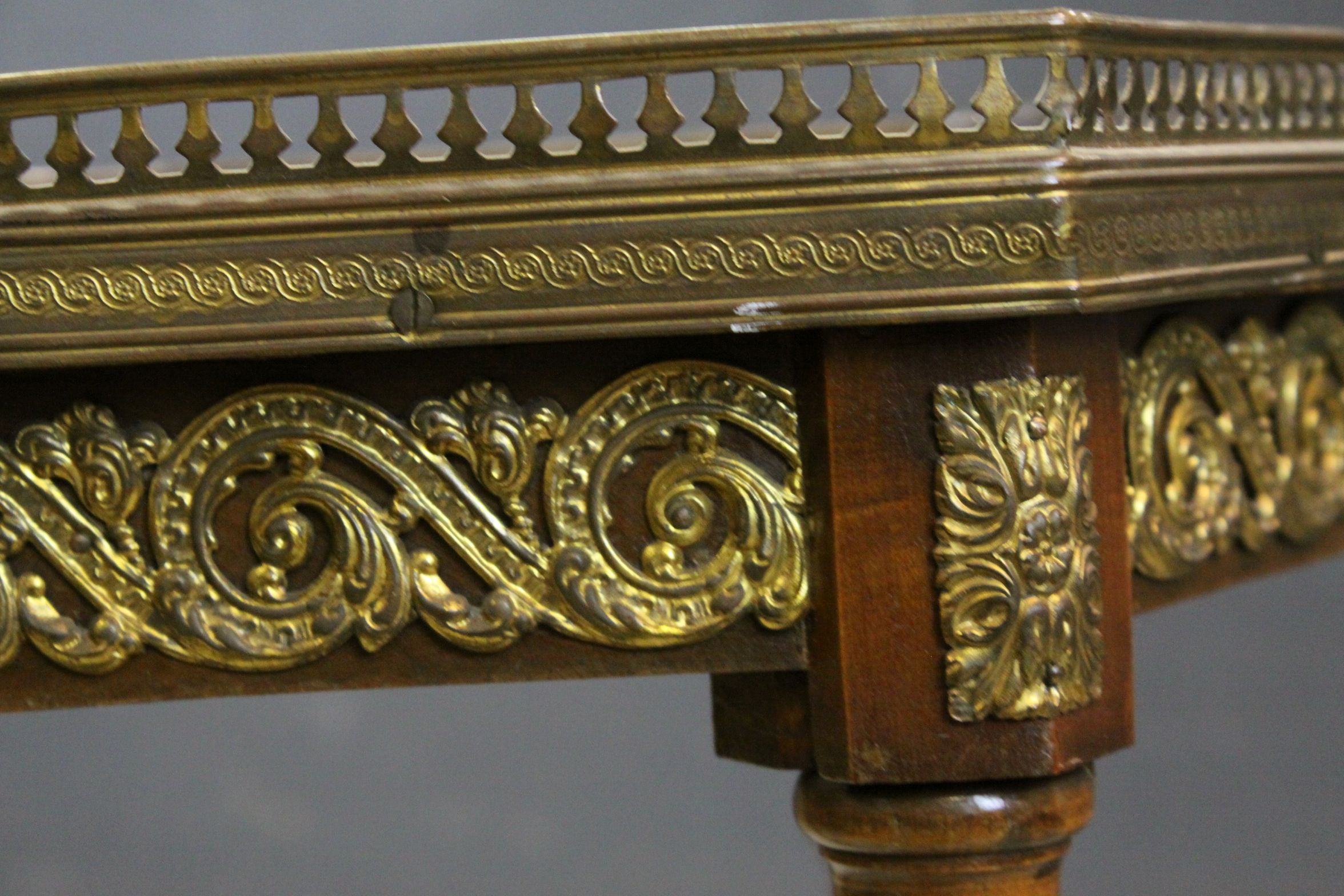 French Jardiniere Stand, hexagonal, the marble top with pierced gilt gallery rail, raised on three - Image 5 of 7