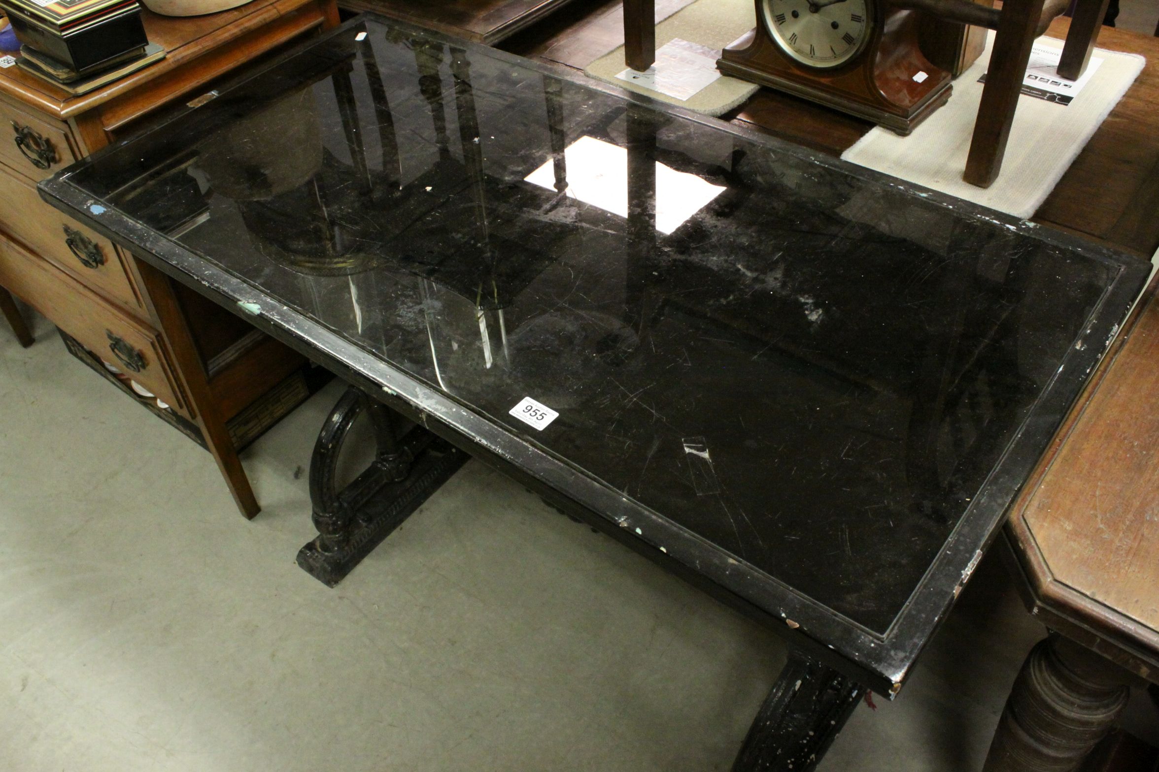 Coalbrookdale Style Garden / Pub Table with Black Glass Inset Top, 117cms x 58cms x 78cms high - Image 2 of 10