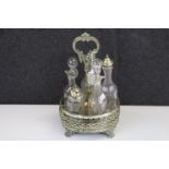 19th century Five Piece Glass Matched Cruet Set on Silver Plated Stand
