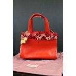 Radley Red Leather Handbag with row of Applied Leather Flowers, Scottie Dog Tag, 24cms wide, with