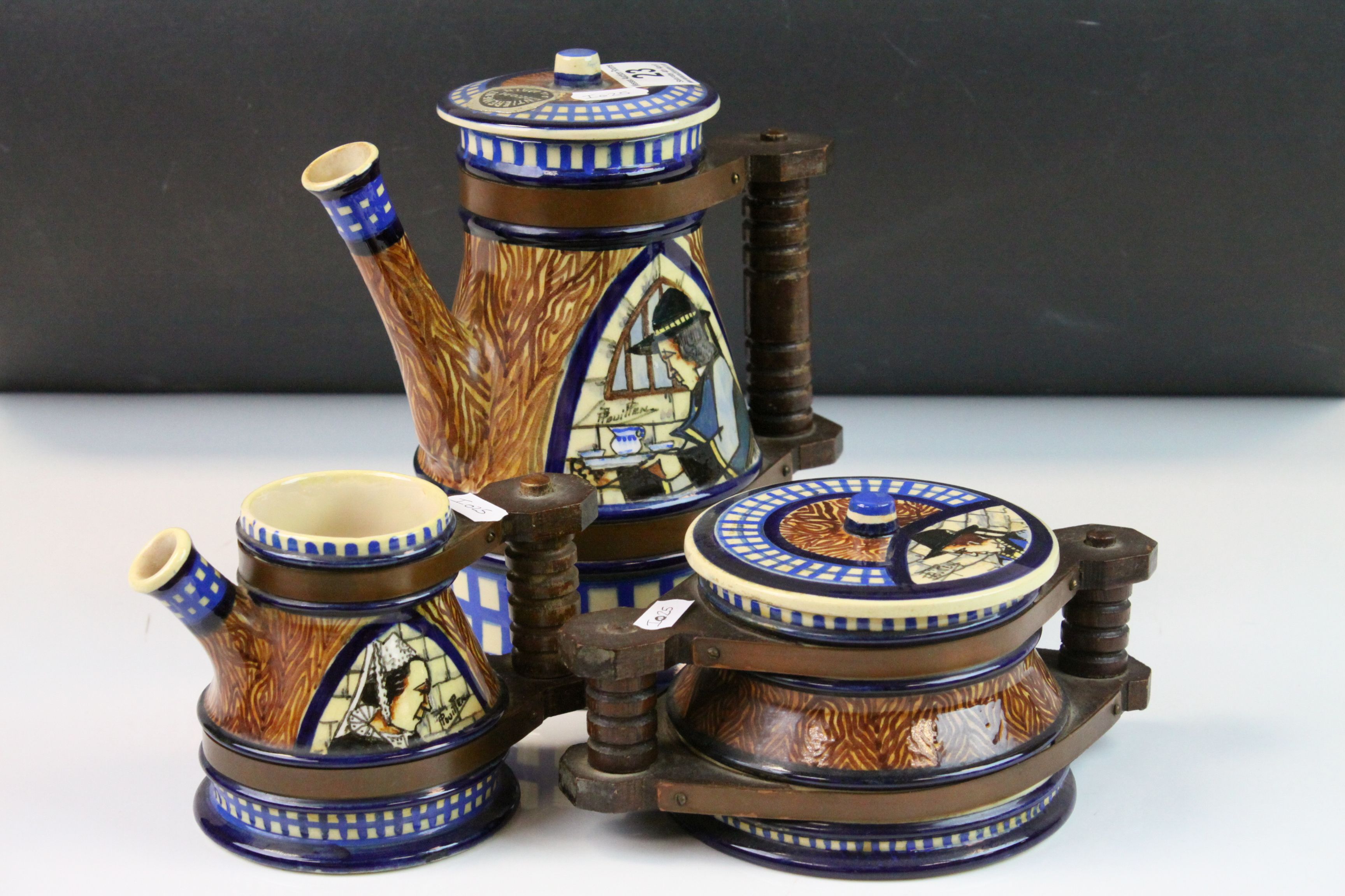 P. Fouillen Quimper Faience Three Piece Coffee Set comprising Coffee Pot, Milk Jug and Lidded