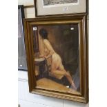 Contemporary pastel portrait study of a nude woman in an interior setting, gazing into a mirror,