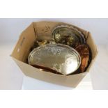 Box of Mixed Metalware including Silver Plate, Copper Measuring Jugs, Plates, etc