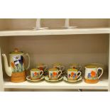 Clarice Cliff Crocus pattern coffee set to include coffee pot, six cups, six saucers, sugar bowl and