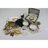A quantity of costume jewellery to include two pocket watches one being silver cased.