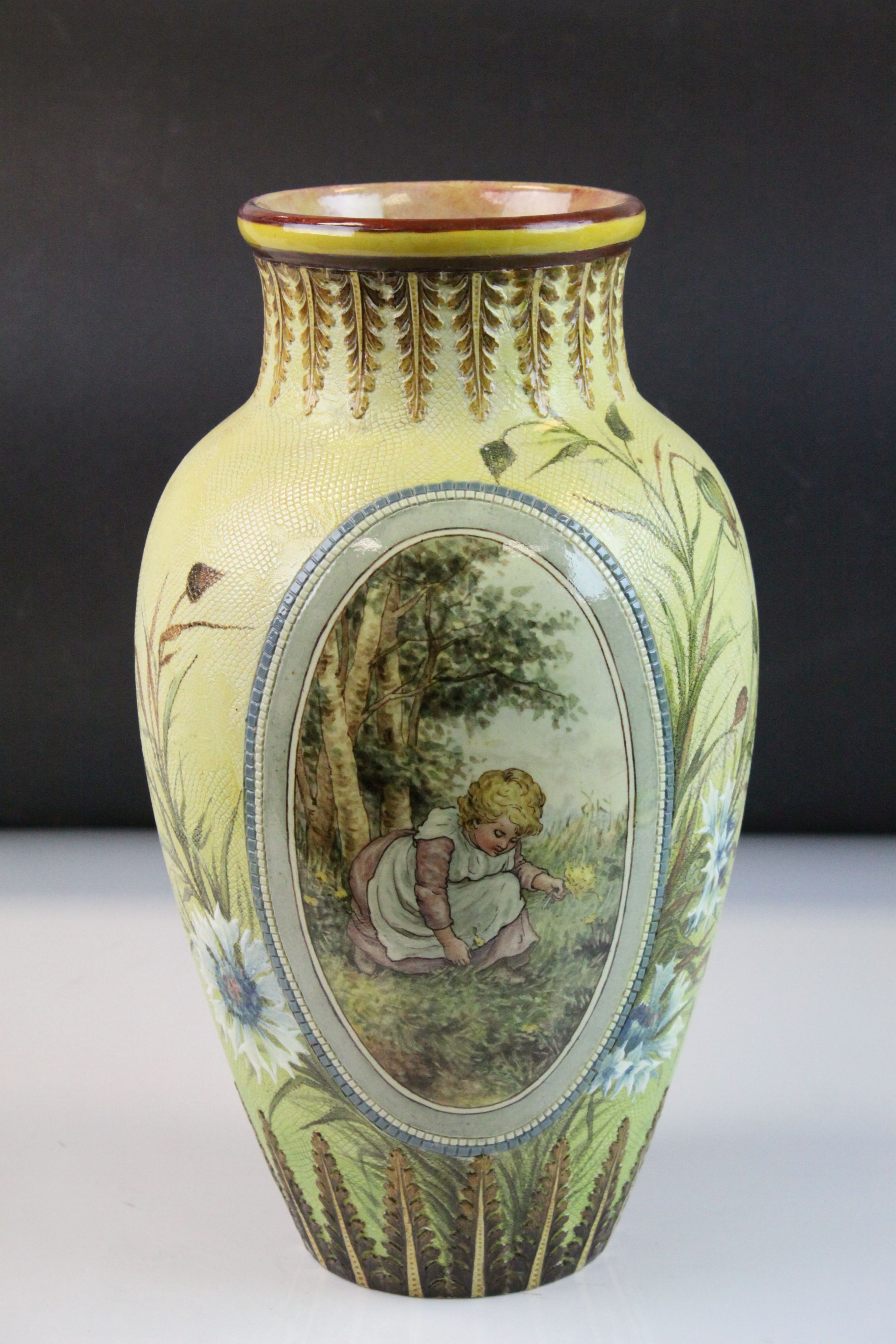 Two similar Doulton Lambeth Faience Ware Vases, each with hand decorated with a panel depicting - Image 5 of 9