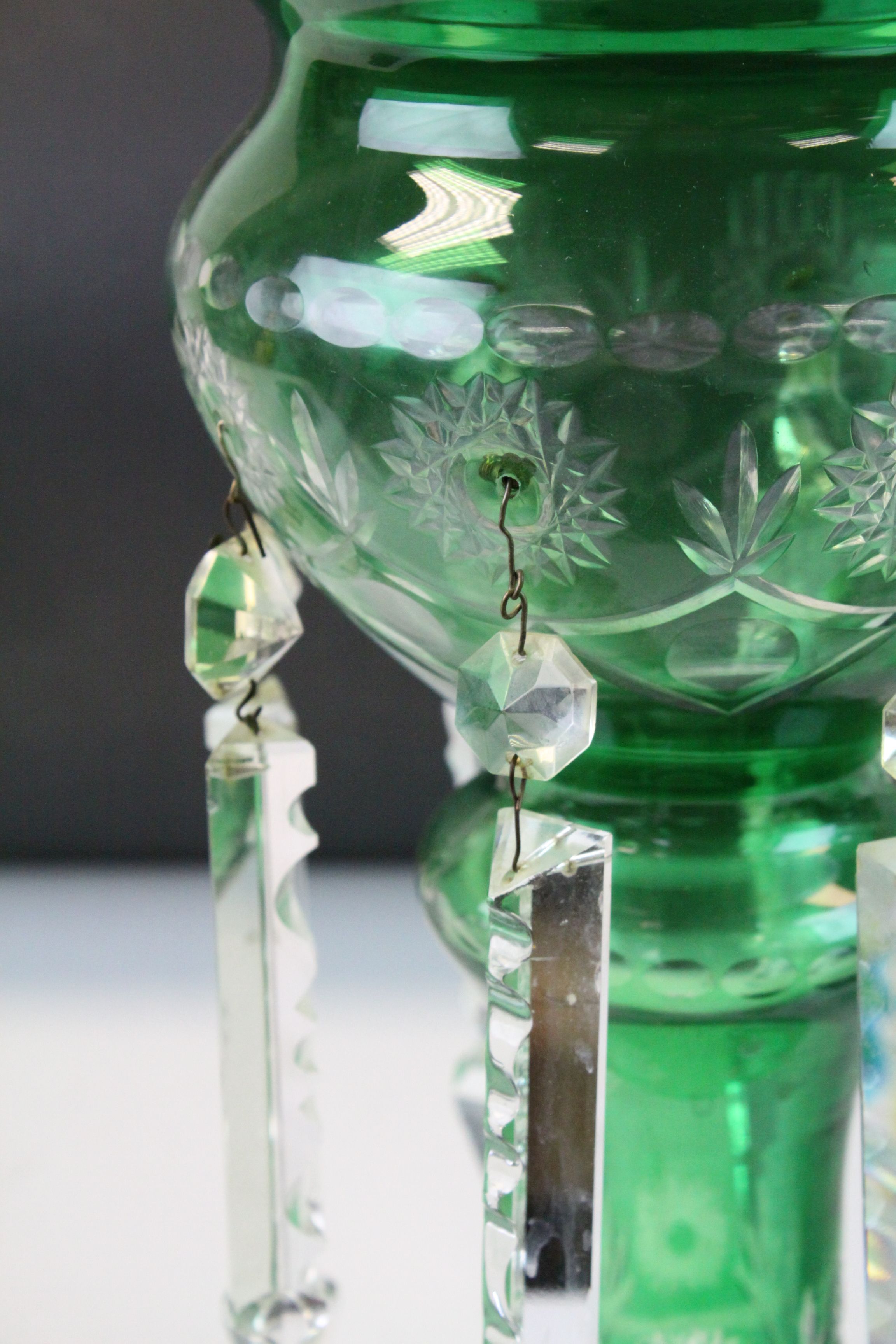 Pair of Victorian Cut Green Glass Table Lustres each with Eight Clear Glass Lustre Drops, 37cms - Image 9 of 12