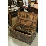 Early 20th century Iron Bound Pine Tool Box, fitted to the interior with various tools including