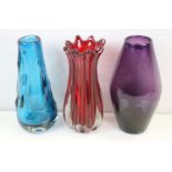 Three Whitefriars Glass Vases including Blue Knobbly Vase 23.5cms high, Ruby Ridged Vase 9872