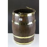 19th century Coopered Wooden Brass Bound Barrel Bucket with Swing Brass Handle, 44cms high