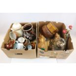 Two Boxes of Mixed Ceramics and Wooden Items including West German Rumtoff and a Bargeware Teapot (
