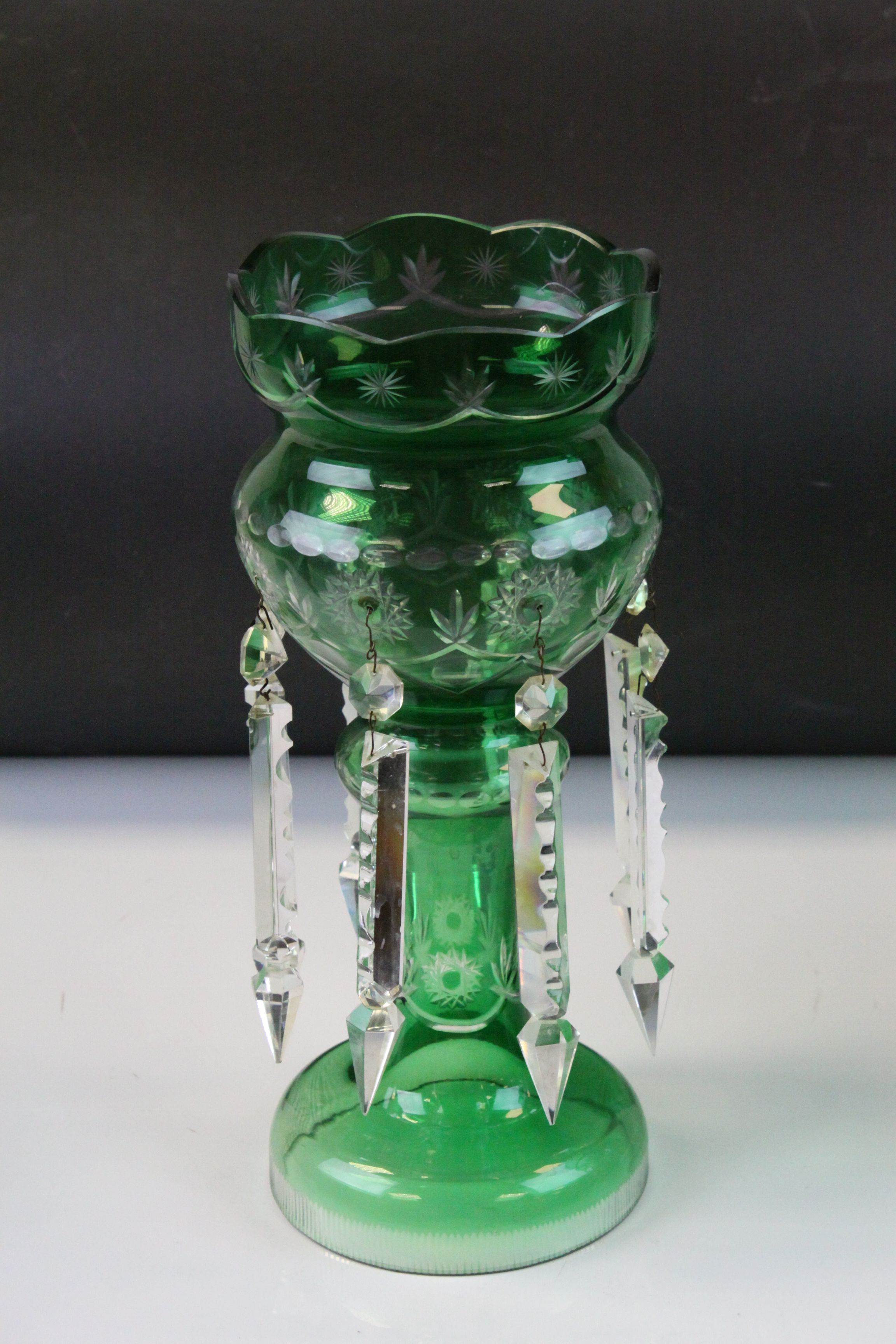 Pair of Victorian Cut Green Glass Table Lustres each with Eight Clear Glass Lustre Drops, 37cms - Image 6 of 12