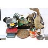 Tray of Mixed items including Wooden Duck, Tin of Marbles, Solitaire Board, Duck Place Name Holders,