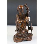 Chinese Wooden Carved Figure of Shou-lao God with a Deer and Heron, 32cms high