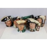 Six Royal Doulton Large Character Jugs including Sir Francis Drake, D' Artagnan, Athos, Dick Turpin,