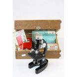 Mid 20th century Wooden Cased Lunax Students Microscope with Various Boxed Slides