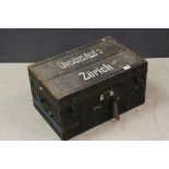 19th century Pine Canvas Covered Travelling Trunk, metal bound, marked to lid ' Divisions-Artz 5
