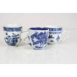 Three 18th century english porcelain biue and white cups with oriental garden and floral