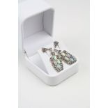 Pair of silver marcasite and opal paneled drop earrings
