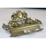 Rococo Style Cast Brass Double Inkwell Standish, 29cms long