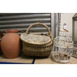 Large Terracotta Jug, Double Opening Wicker Picnic Basket and a Bird Cage