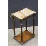 French Lamp Table, the marble top with pierced gilt gallery rail, scrolling metal mounts, turned