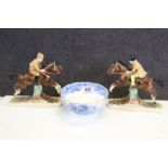 Two horse and rider Hertwig Katzhutte figurines together with a 19th century Staffordshire Pottery