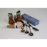 A box of mixed collectables to include fully hallmarked sterling silver teapoons, opera glasses