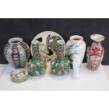 Collection of Eight Items of Oriental Ceramics including Chinese Famille Rose Jar Lid, Pair of